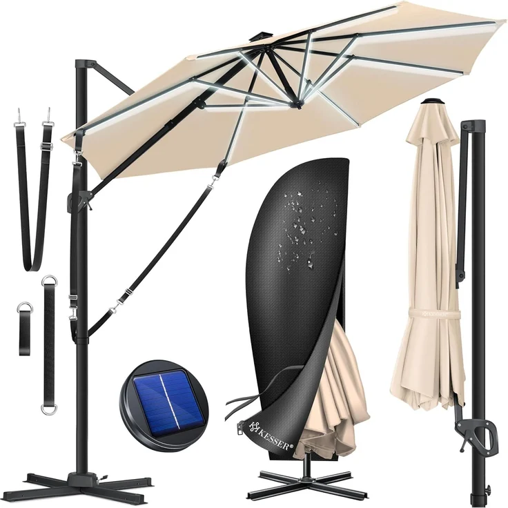 KESSER® Sonnenschirm Ampelschirm Sun Rund XL LED Solar Ø330 cm Inkl. Abdeckung + Windsicherung 7-Fach Verstellbar Neigbar Kippbar Groß 360° Drehbar Gartenschirm mit Kurbel Sonnenschutz UV50+ Beige