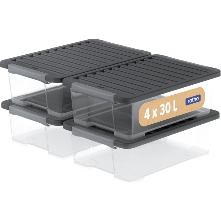 Rotho Core Plus Aufbewahrungsbox mit Deckel 4er-Set 30 L stabil transparent | Aufbewahrungsboxen, Boxen Aufbewahrung, stapelbar und platzsparend, stabiler Verschluss, lebensmittelecht, pflegeleicht