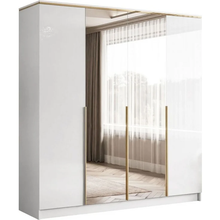 Lookway Kleiderschrank AURORA 4D in Hochglanz Weiß Drehtürenschrank mit Spiegel – Bild 1