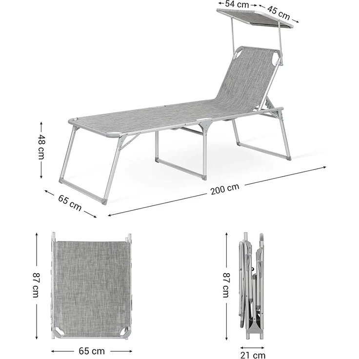 SONGMICS klappbare Sonnenliege, 65 x 200 x 48 cm, bis 150 kg belastbar, Liegestuhl, Gartenliege, extra groß, mit Sonnendach, Rückenlehne verstellbar, grau meliert GCB26TG – Bild 7