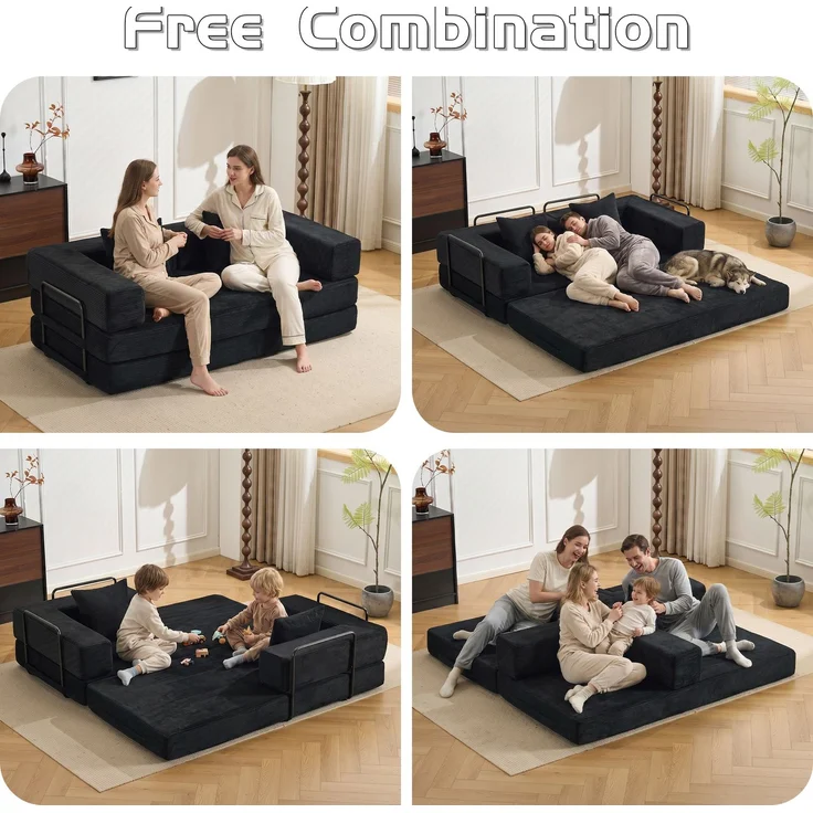 Bodensofa, Kompressionssofa, Schlafsofa mit Kissen, Rückenlehne und Armlehnen, bequemes Futon-Sofa, Cordstoff, für Wohn- und Schlafzimmer, Schwarz--Schwarz--185x92.5x60cm--YOUDENOVA – Bild 5