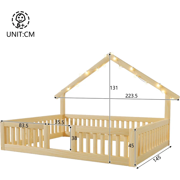 Bett 140x200 cm Hausbett aus Holz in Natur mit Sicherheitsgitter, LED-Lichterkette, ohne Matratze – Bild 4
