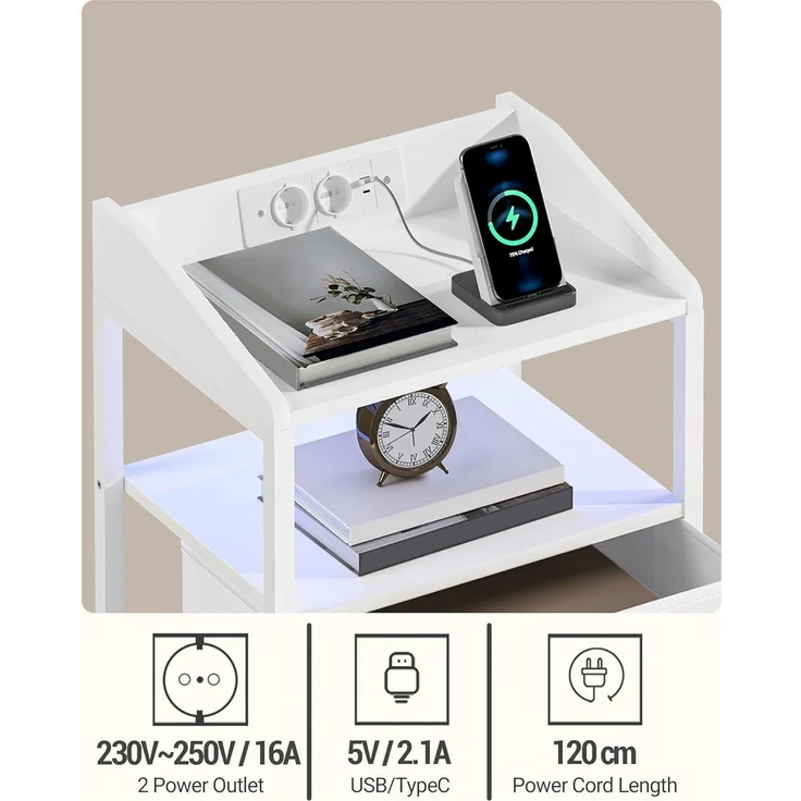 Nachttisch 2er Set, mit LED-Leuchten und Ladestation, Beistelltisch mit 2 Stoff-Schubladen und Regalen, mit USB-Anschlüssen & Steckdosen, für Schlafzimmer, Wohnzimmer, Weiß – Bild 3