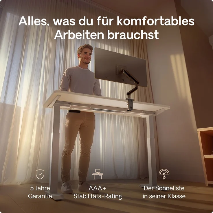 Desktronic HomeOne Elektrisch höhenverstellbarer Schreibtisch 140x70cm Weiß/Weiß mit Memory-Funktion, Anti-Kollisions Technologie, USB-A und USB-C-Ladeanschlüssen – Bild 2