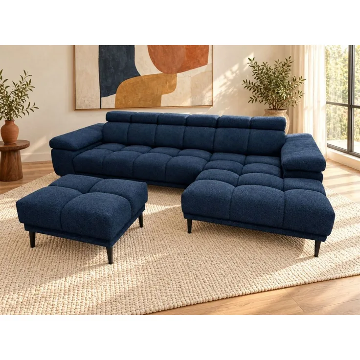 Ecksofa Schlafsofa SENVELIO RELAX inkl. Hocker Stoff Glam Dunkelblau Ottomane Rechts