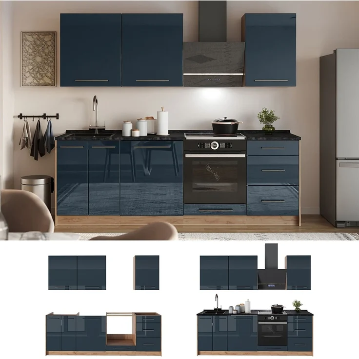 Küchenzeile Fame-Line Dunkelblau Hochglanz/Goldkraft Eiche 230 cm ohne Arbeitsplatte Vicco – Bild 4