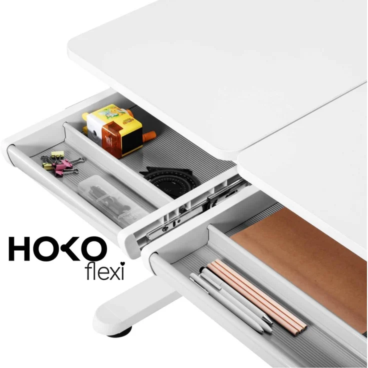 HOKO Kinderschreibtisch höhenverstellbar 54-76 cm, ergonomischer Schreibtisch (für Kinder & Jugendliche, 120x60 cm, neigbare Tischplatte mit Schubladen, stabil & belastbar bis 100 kg, Weiß, Holzfarben) – Bild 7