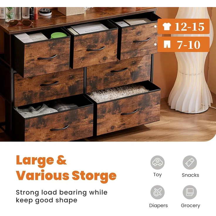 DUMOS Kommode für Schlafzimmer mit 7 Stoffschubladen, hohe Kommode Organizer für Kleidung, Schrank Kinderzimmer, Aufbewahrungsturm mit Schrank, Metallrahmen, Holzplatte, leichte Kinderzimmermöbel – Bild 4