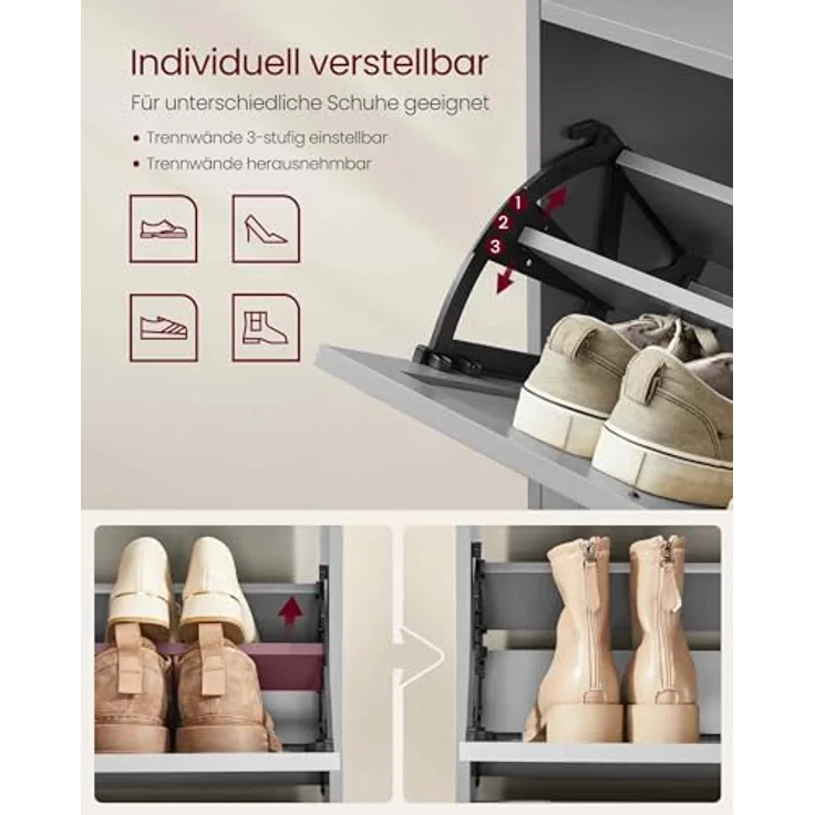 VASAGLE Schuhschrank 3 Klappen, Schuhkipper, Schuhregal, Schuhaufbewahrung, Oberplatte, Trennwand verstellbar, für bis zu 12-20 Paar Schuhe, Flur, 24 x 60 x 121,2 cm, Taubengrau LBC036GD01 – Bild 6