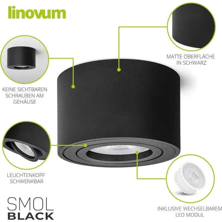 linovum LED Aufbaustrahler 6x Aufbauleuchte SMOL schwenkbar Schwarz LED 4W warmweiß Deckenspot, Warmweiß – Bild 4