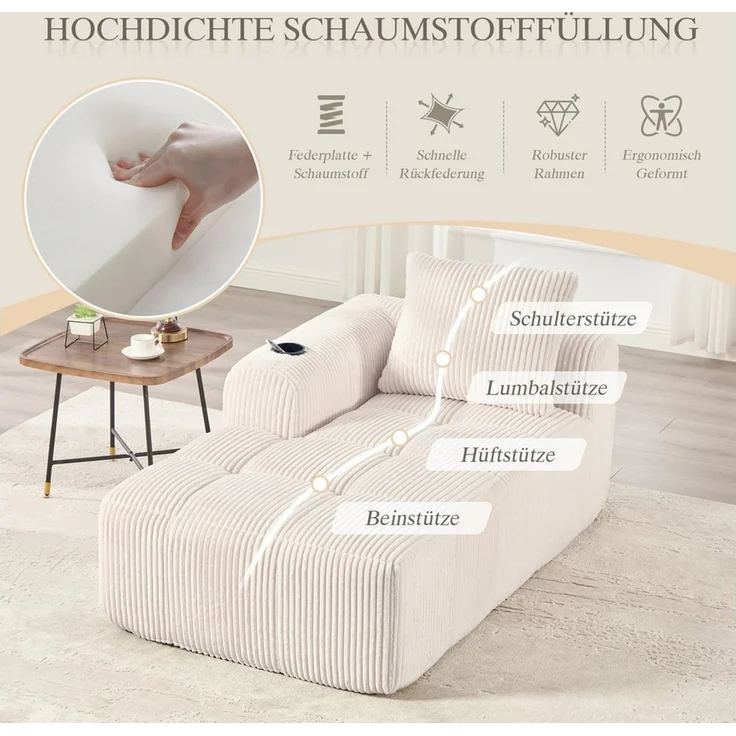MODFU Sofa Cord-Kompaktsofa, mit Sofa, Rückenkissen, integrierter Getränkehalter & seitlicher Aufbewahrungstasche – Bild 3