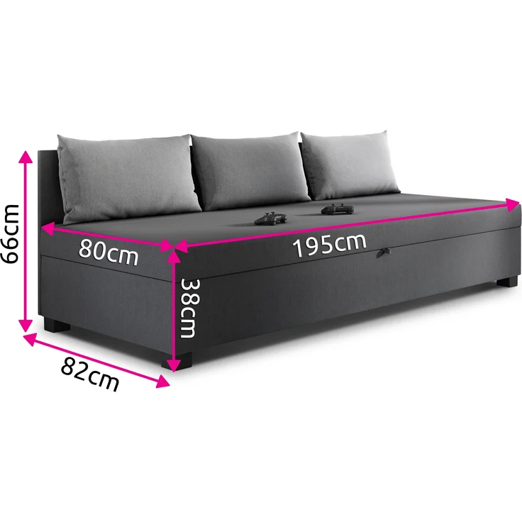 Schlafsofa Misti III - Einzelbett mit Kissen, Sofa mit Bettkasten, Bettsofa, Farbauswahl, Bettgestell, Komfortbett, Bett für Jugendzimmer, Schlafmöbel (Graphit + Orange (Lux 06 + Lux 09)) – Bild 5