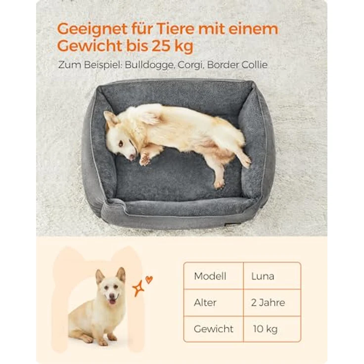 Feandrea Hundebett, Hundekissen in Leinenoptik, Hundekorb, erhöhte Ränder, rutschfeste Unterseite, Bezug abnehmbar waschbar, L, für mittelgroße Hunde, 90 x 75 x 25 cm, hellgrau PGW11GG – Bild 10