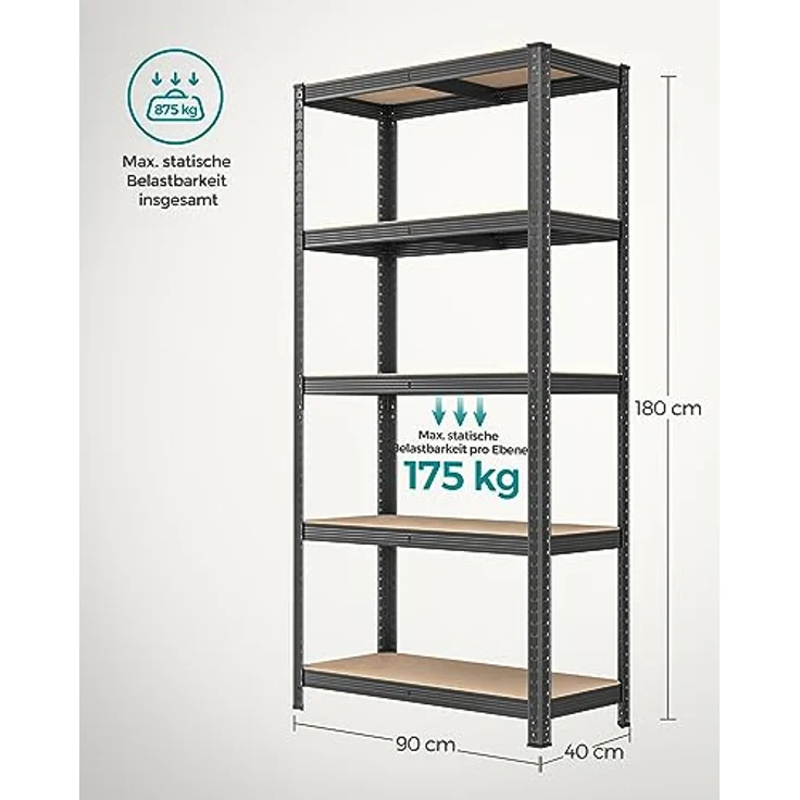 SONGMICS Schwerlastregal, 2er Set, Kellerregal, Lagerregal, 40 x 90 x 180 cm, Regal mit Stahlgestell, jeweils bis 875 kg belastbar, 5 verstellbare Ablagen, grau GLR040G02 – Bild 4