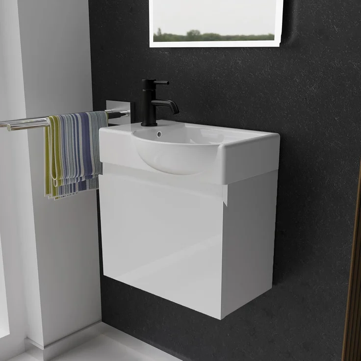 Alpenberger Badmöbel-Set - Gäste WC Waschbecken mit Unterschrank 45 cm Breit, (Badschrank 2-tlg, Waschtisch hängend), Waschbeckenunterschrank mit Softclose - Weiß - Rechts Becken – Bild 1