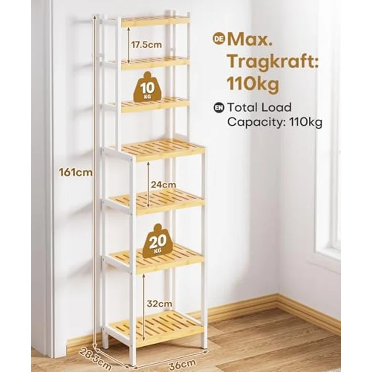 Yorbay Standregal Badregal mit 7 Ebenen, Bambus Aufbewahrungsregal, Kippsicherung, 110 kg Tragkraft – Bild 3