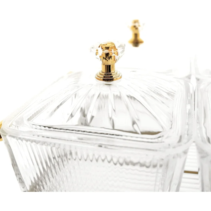 13 Teiliges Snackschalen-Set aus Glas mit goldenem Serviertablett & Knaufdeckel – Bild 3