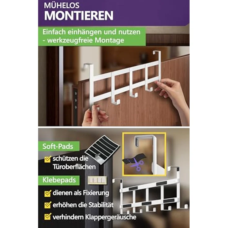 4smile Türgarderobe zum Einhängen - Universelle Türhaken für deutsche Türen, Kleiderhaken Tür - Stabile Türhakenleiste, Haken zum Einhängen als Ordnungshelfer, Fb. Weiß – Bild 7
