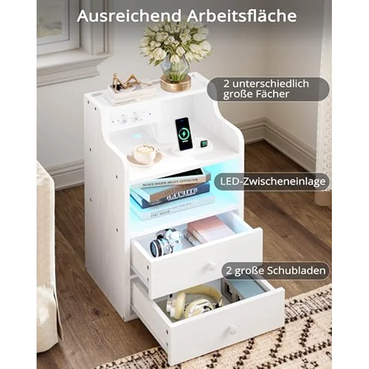 IRONCK Nachttisch LED mit Steckdose und Ladefunktion, Beistelltisch Holz, Nachtschrank mit 2 AC, 1 USB& 1 Type-C Anschlüsse, Sofatisch mit 2 Schubladen, Nachtkästchen Wohnzimmer,Schlafzimmer, Weiß – Bild 6