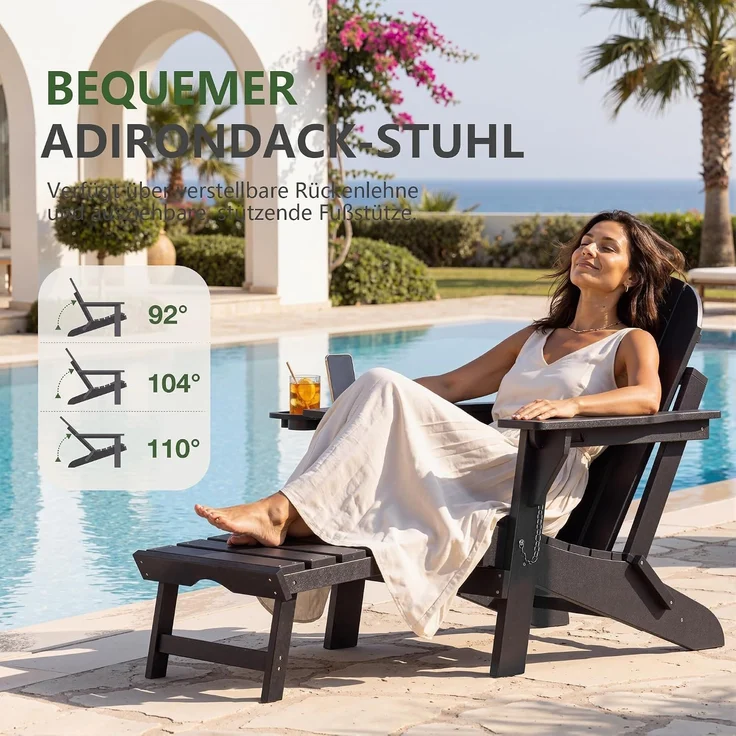 Aoxun Adirondack-Loungesessel mit ausziehbarer Fußstütze & Getränkehalter, 133 x 52 x 90 cm, klappbarer Gartensessel aus HDPE-Kunststoff in Holzoptik, wetterfest für Terrasse, Balkon & Rasen, Schwarz – Bild 6