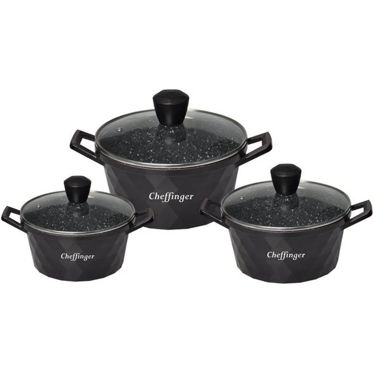 Kochtopf Kasserolle Topf Set 6-tlg schwarz Glasdeckel Cheffinger CF-DIAC03 – Bild 3
