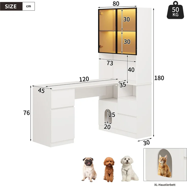 Flieks Eckschreibtisch mit LED-Vitrine & Regal 120×80×180 cm, Computertisch mit 3 Schubladen, 2 Türen, Haustierfach, Rechte Ecke, Weiß – Bild 4