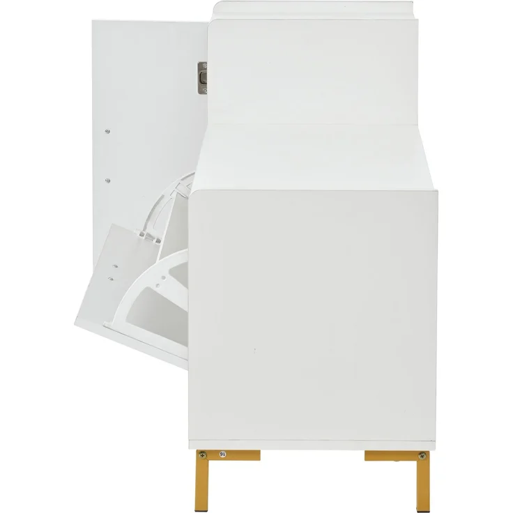 Schuhschrank mit Sitzbank Weiß/Gold, 100x38x68 cm, Hochglanz mit herunterziehbarem Schuhregal – Bild 9