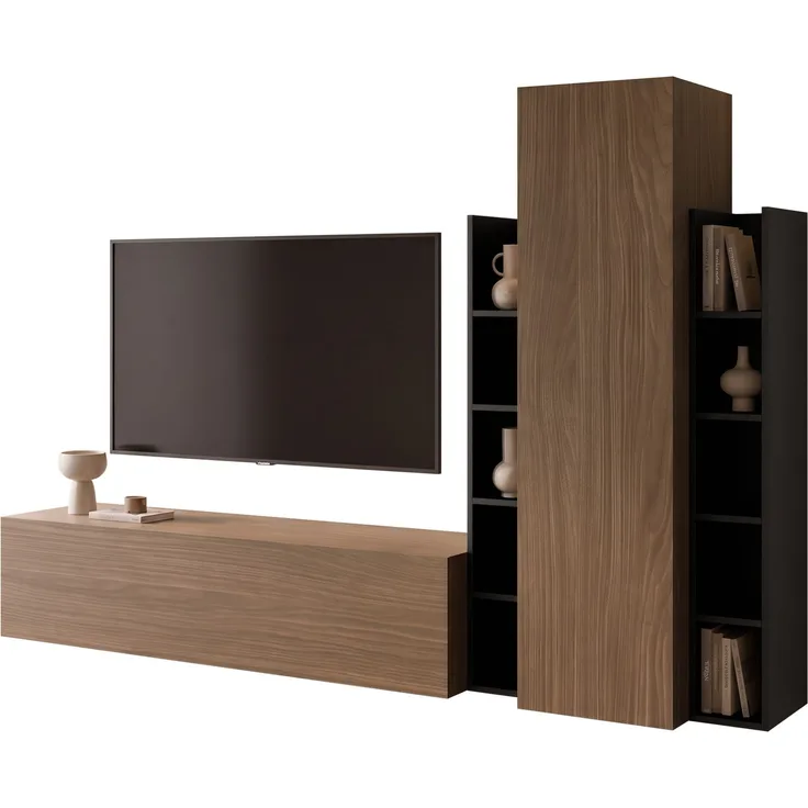 Mirjan24 Wohnwand Milatri (Farbe: Nuss Lincoln / Schwarz), 150 x 40 x 230 cm