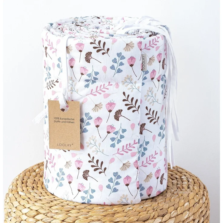 Loolay Bettnestchen PREMIERE! Blumenwiese ROSA Bettumrandung 420, 360, 210, 180 x 30cm, (Babynestchen Kopfschutz Neugeborene Blumen Babyausstattung GESCHENK für Mädchen, 100% Baumwolle Babybett Bettschutzgitter Umrandung Bettsprossen), LOOLAY® - 100% E... – Bild 3