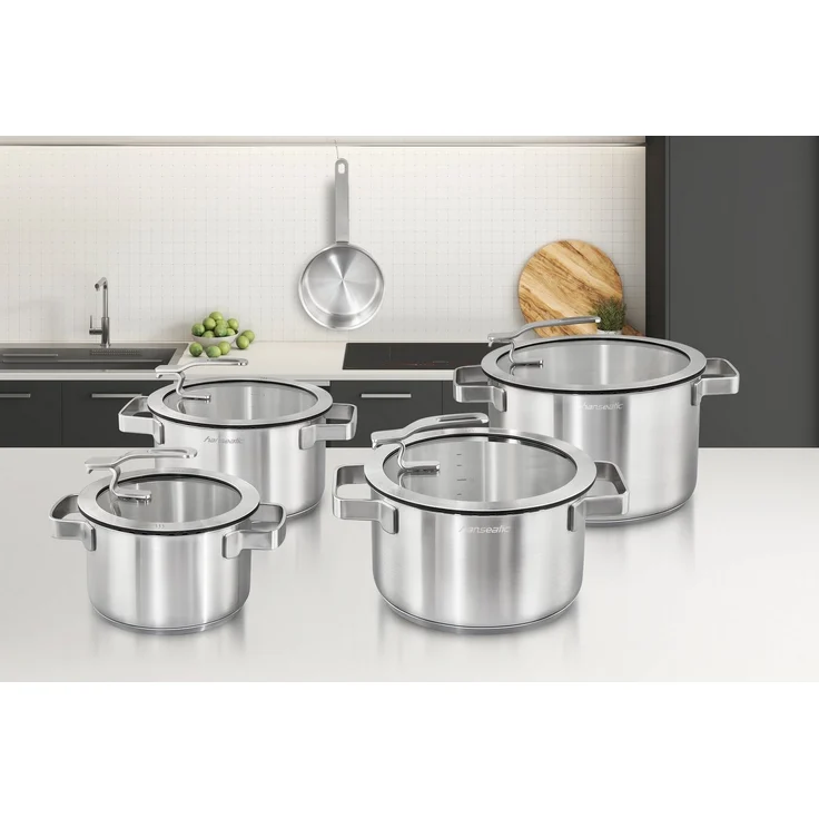 Hanseatic Topf-Set STYLE, Edelstahl 18/10 (Set, 9-tlg, Fleischtopf 1x 16 cm / 2x 20 cm / 1x 24 cm, Stielkasserolle 16 cm), Deckel mit praktischer Aufhänge-Funktion, Induktion – Bild 3