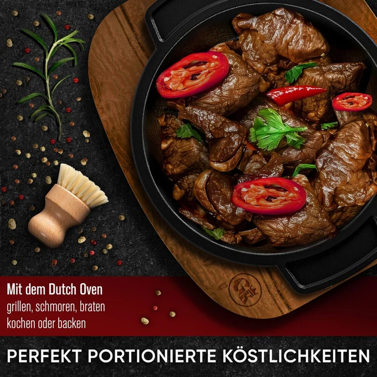 4er Mini Dutch Oven Set aus Gusseisen – mit Holzuntersetzern & Rezeptbuch, 300 ml Portionsgröße, für Grill, Backofen & Herd – Bild 5