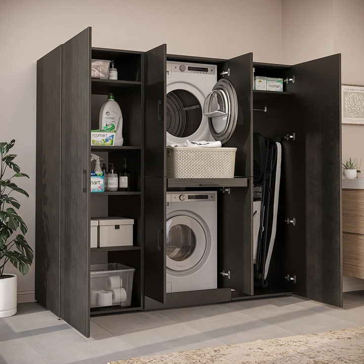 Roomart Waschmaschinenschrank - DORA-I- 190 cm breit - Wasch- & Trocknerschrank mit 2 Hochschränken, Türen & Ausziehbrett, Waschmaschinen-Überbau für Waschküche & Hauswirtschaftsraum • Schwarz-Eiche – Bild 3