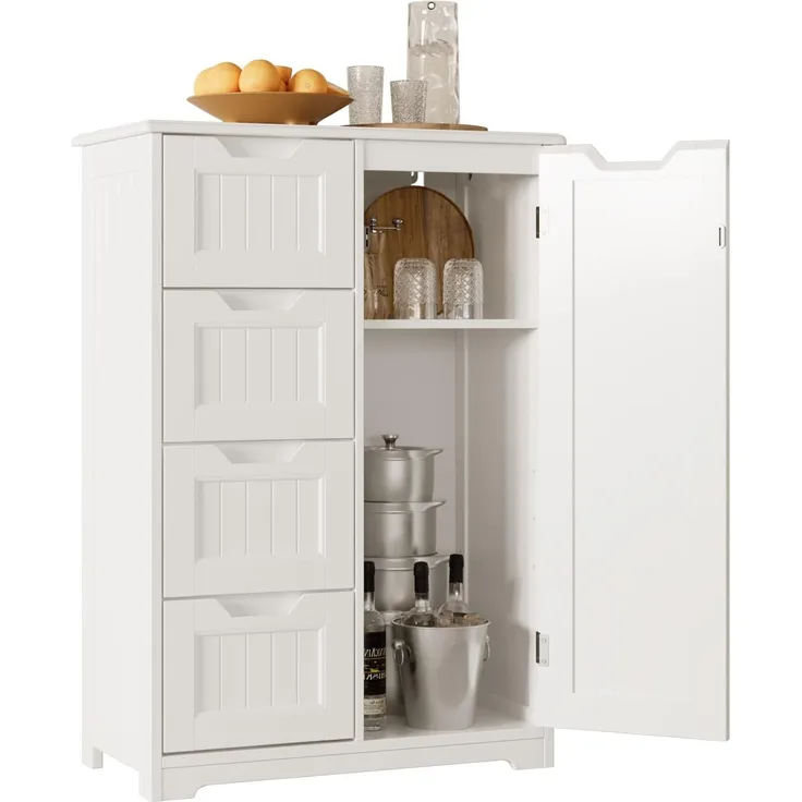 Bealife Badezimmerschrank Badschrank Schmal Beistellschrank mit 4 Schubladen Schranktür Verstellbare Trennwand Geeignet für Badezimmer Wohnzimmer Küche Flur
