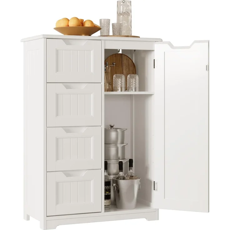 Bealife Badezimmerschrank Badschrank Schmal Beistellschrank mit 4 Schubladen Schranktür Verstellbare Trennwand Geeignet für Badezimmer Wohnzimmer Küche Flur – Bild 1