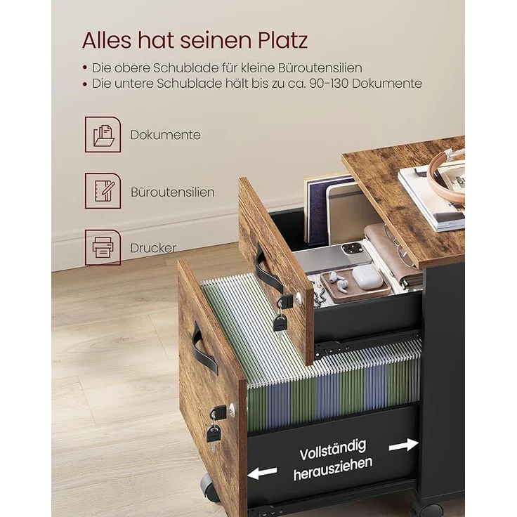 VASAGLE Rollcontainer, abschließbar, Aktenschrank mit 2 Schubladen, 5 Rollen und verstellbarer Hängeregistratur, strukturierte Oberfläche, für Dokumente im A4- und Letter-Format, vintagebraun-tintenschwarz LCD022K01 – Bild 4