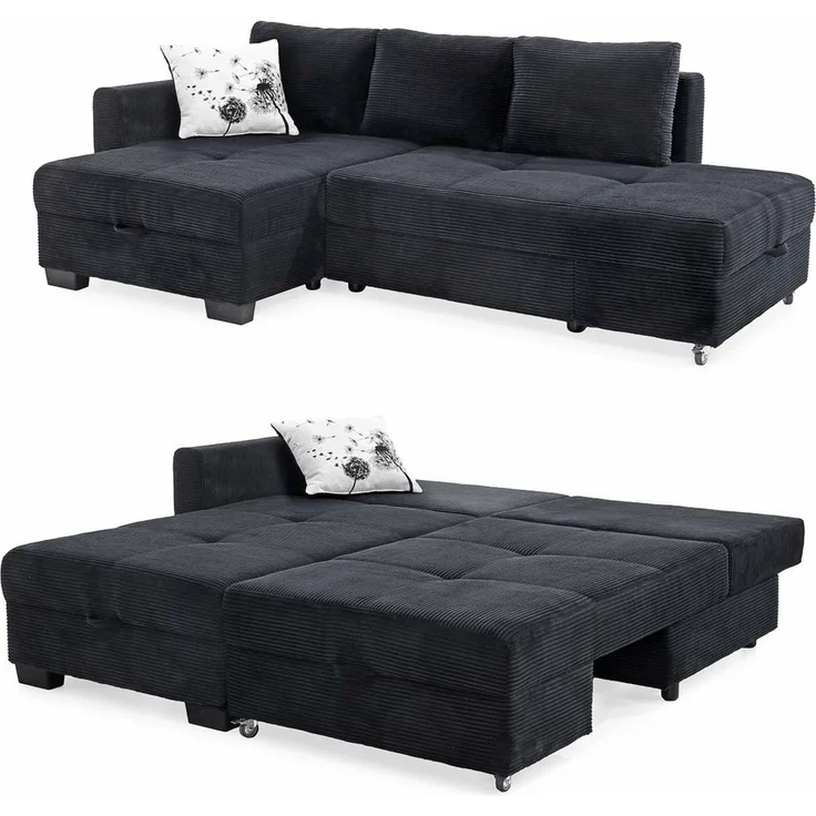 Ecksofa Schwenkfunktion Doppelbett Schlafcouch Bettkasten Cordbezug in Schwarz – Bild 9