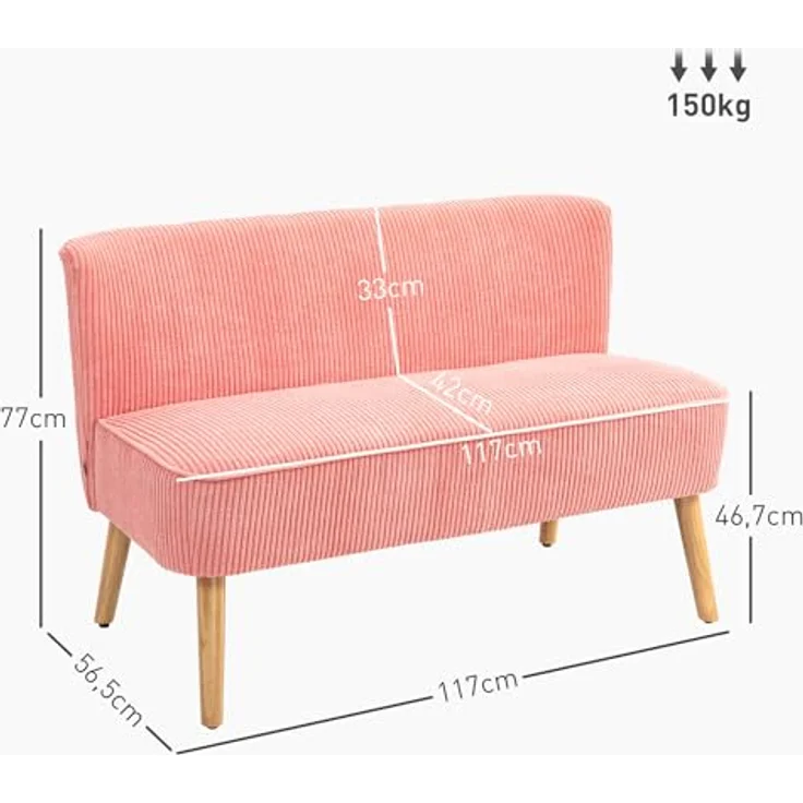 HOMCOM 2-Sitzer Sofa, Rosa, Skandi Design mit pflegeleichtem Stoffbezug, 56.5x77x117 cm – Bild 3
