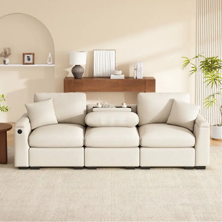 Merax 3-Sitzer Sofa aus weichem Chenille, Multifunktionssofa mit USB-Anschluss, für Wohnzimmer, Büro und Heimkino 1 Teile, XXL Sofa mit klappbarer Rückenlehne, Getränkehalter & Stauraum
