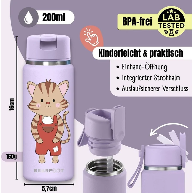 BEARFOOT Trinkflasche TINY Thermo Kinder Trinkflasche Edelstahl - Katze lila, Thermosflasche, auslaufsicher, Edelstahl, Kinderflasche, BPA-frei – Bild 4