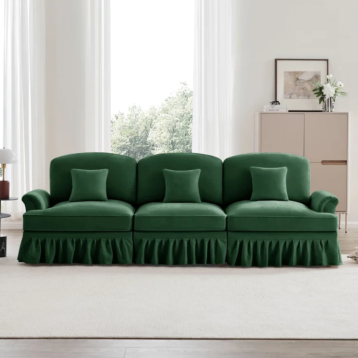 Elegantes Mid-Century 3-Sitzer Sofa, Chenille, Trichter-Armlehnen, abnehmbare Rüschenschürze, spindelförmige Beine, komfortables Sofa fürs Wohnzimmer, Grün – Bild 1