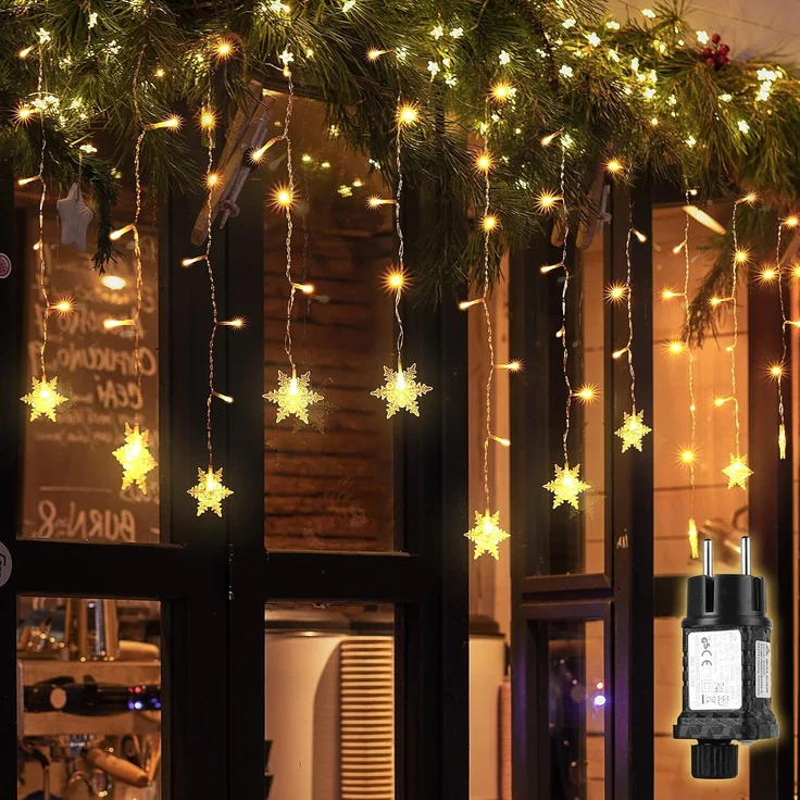 SALCAR 108er LED Schneeflocke Lichtervorhang Innen, 3M 18er Schneeflocken Lichterkette Außen, LED Weihnachtsdeko Fenster mit 9 Modi und Speicherfunktion, Warmweiß – Bild 7
