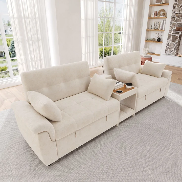 Merax U-förmiges Schlafsofa, ausziehbar, Doppel-Schlafauszug, verstellbare Rückenlehne, Haustierbereich, Couchtisch mit 2 Becherhaltern, 4 Kissen, Chenille, Beige, 284×138×89 cm – Bild 2