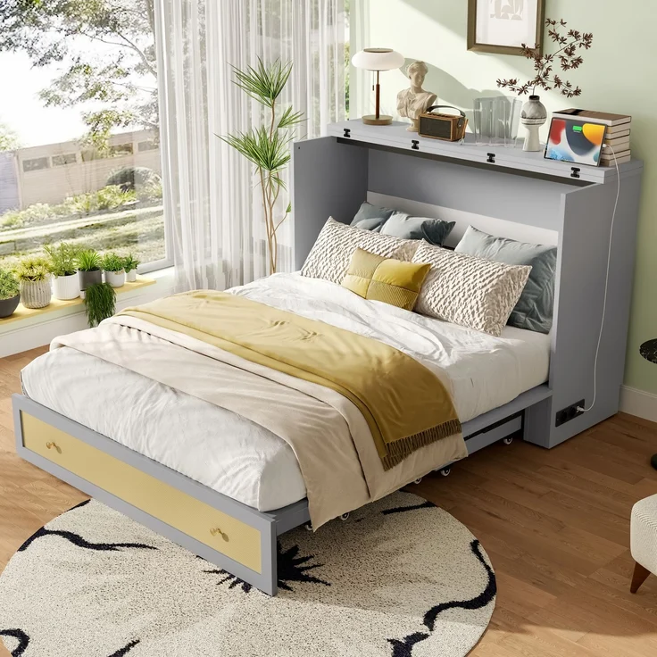 Schrankbett, 140 x 200, Mobiles Schrankbett mit Schubladen am Bettende und Regal am Kopfende des Bettes, mit USB und Steckdose, Umbaubares Plattformbett, Ohne Matratze, Grau – Bild 6