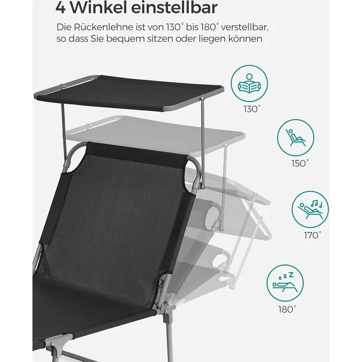 Songmics Sonnenliege mit Sonnenschutz, Kopfstütze & verstellbarer Rückenlehne, klappbar, 200 x 71 x 38 cm, Schwarz – Bild 3