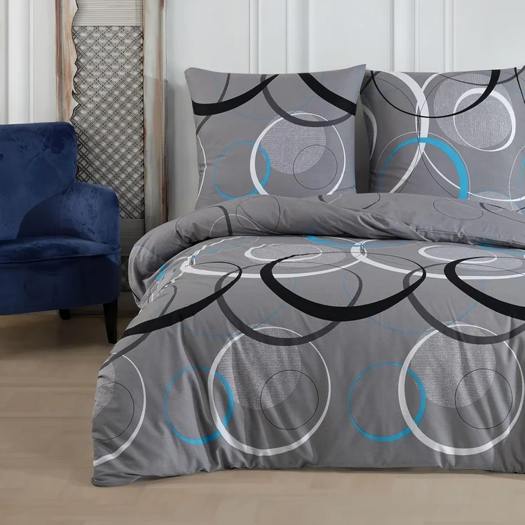 Buymax Bettwäsche Wave, Bettgarnitur, Bettbezug Set, Renforcé: 100% Baumwolle, 2 teilig, mit Reißverschluss, gemustert, Kreise, Grau, Türkis, 155x220 cm – Bild 1