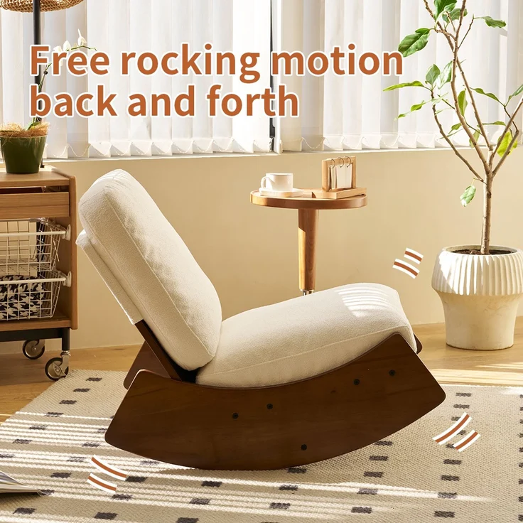 LVHOM Schaukelstuhl mit Massivholz-Gestell, ergonomischer Relaxsessel für Wohnzimmer, Schlafzimmer & Arbeitszimmer, Skandinavisches Design, Chenille, Weiß – Bild 4