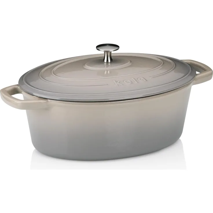kela Bräter Gusseisen oval 4 Liter, Dutch Oven CALIDO, Induktion Gussbräter mit Deckel, Gusseisen Topf Brot backen, emailliert, hellgrau