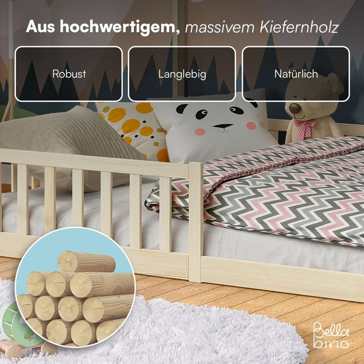 Bellabino 'Bia' Hausbett 140x200 cm, natur, Kiefer Massivholz, Bodenbett in Hausoptik, Montessori Kinderbett mit Rausfallschutz und Lattenrost – Bild 5