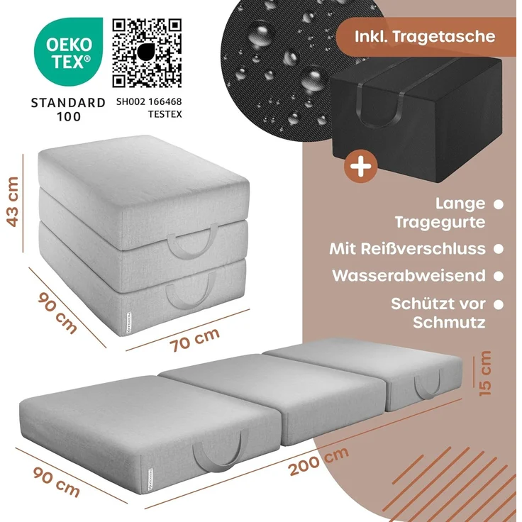 KESSER® Klappmatratze Gästematratze 3-fach Faltmatratze faltbar zum Sitzhocker | Schaumstoff 25kg/m³ extra dick 15cm atmungsaktiv waschbar abnehmbarer Bezug | Matratze inkl. Camping Tragetasche Grau, 90 x 200 x 15 cm – Bild 2