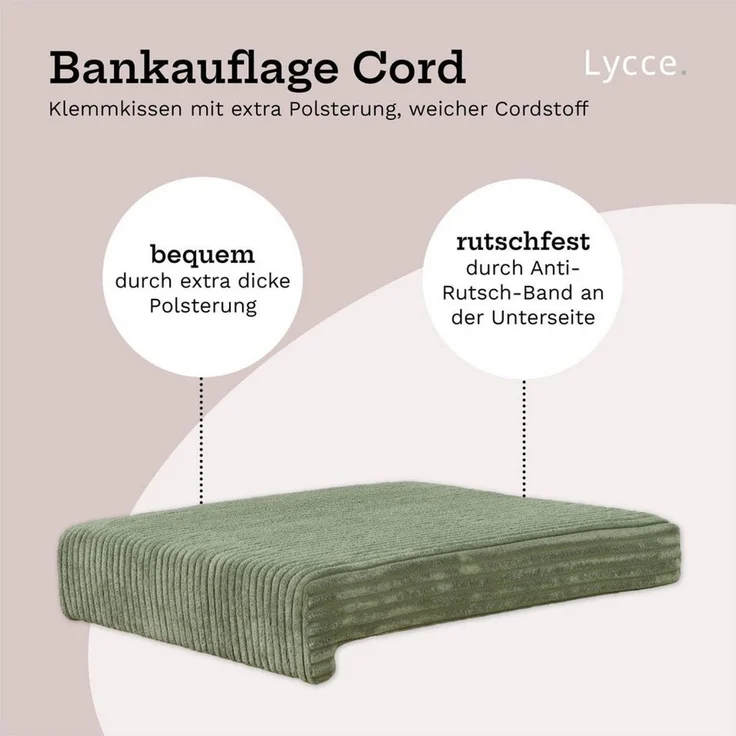 Lycce Bankauflage Bankauflage Klemmkissen 1 Leiste, Cordstoff extra Polsterung, (1 St), für Banktiefe ab 35 cm, verrutscht nicht, versch. Farben – Bild 2